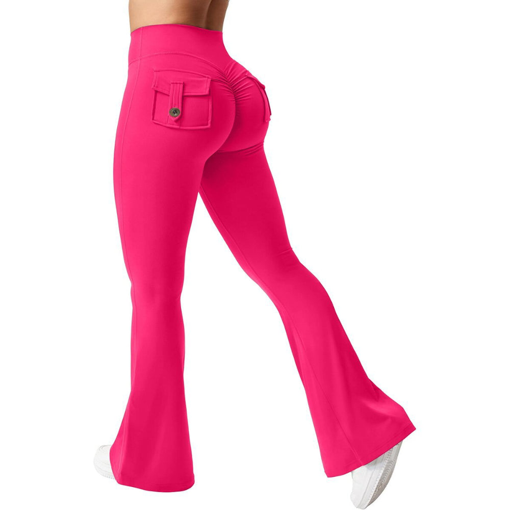 Woman modeling bright pink high-waisted flared pants with back pockets, shown from a rear three-quarter view against a clean white studio background.