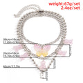 Silver butterfly pendant necklace with measurements – trendy layered chain jewelry with pink yellow butterfly charms, product specs photo.