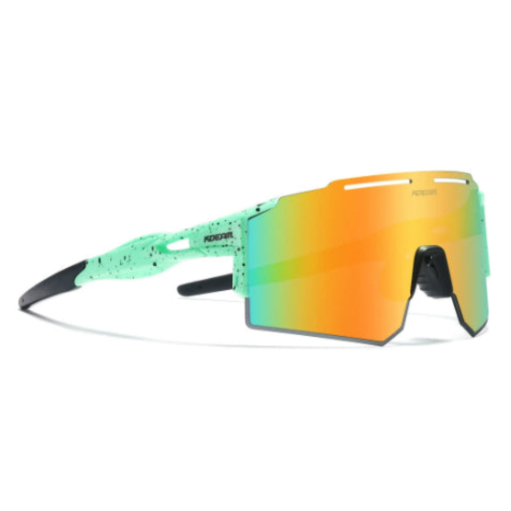 Mint green speckled Oakley-style sport sunglasses with orange-green iridescent mirrored shield lens