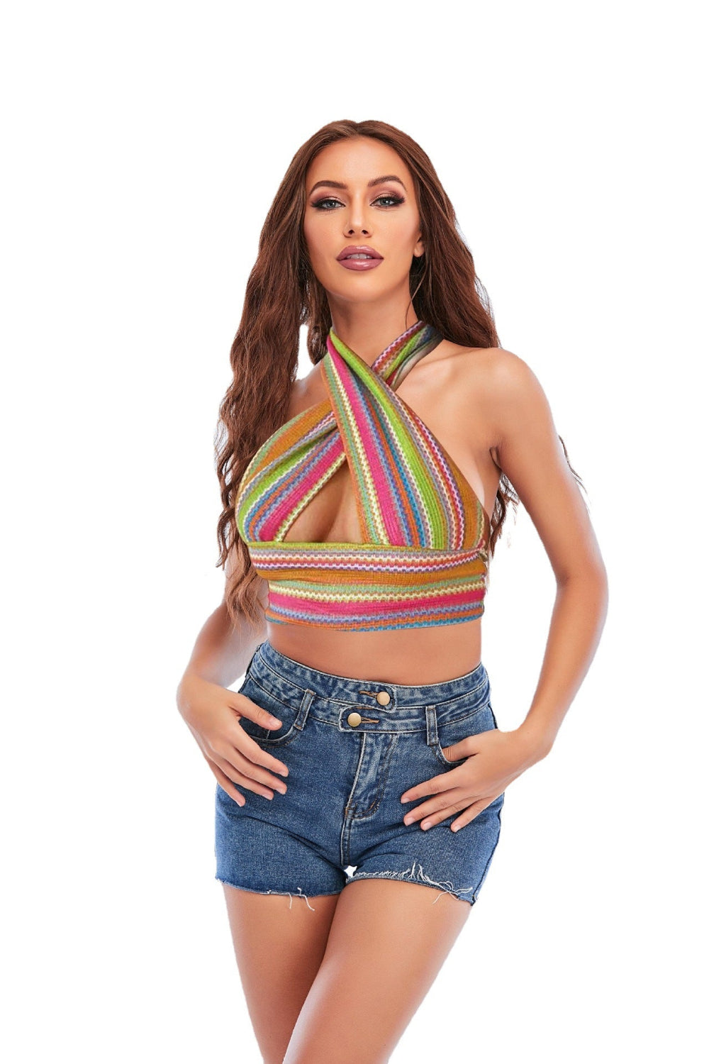 Multi Stripe Crisscross Halter Crop Top - Rainbow Striped Twist Front Keyhole Knit Crop Top for Women