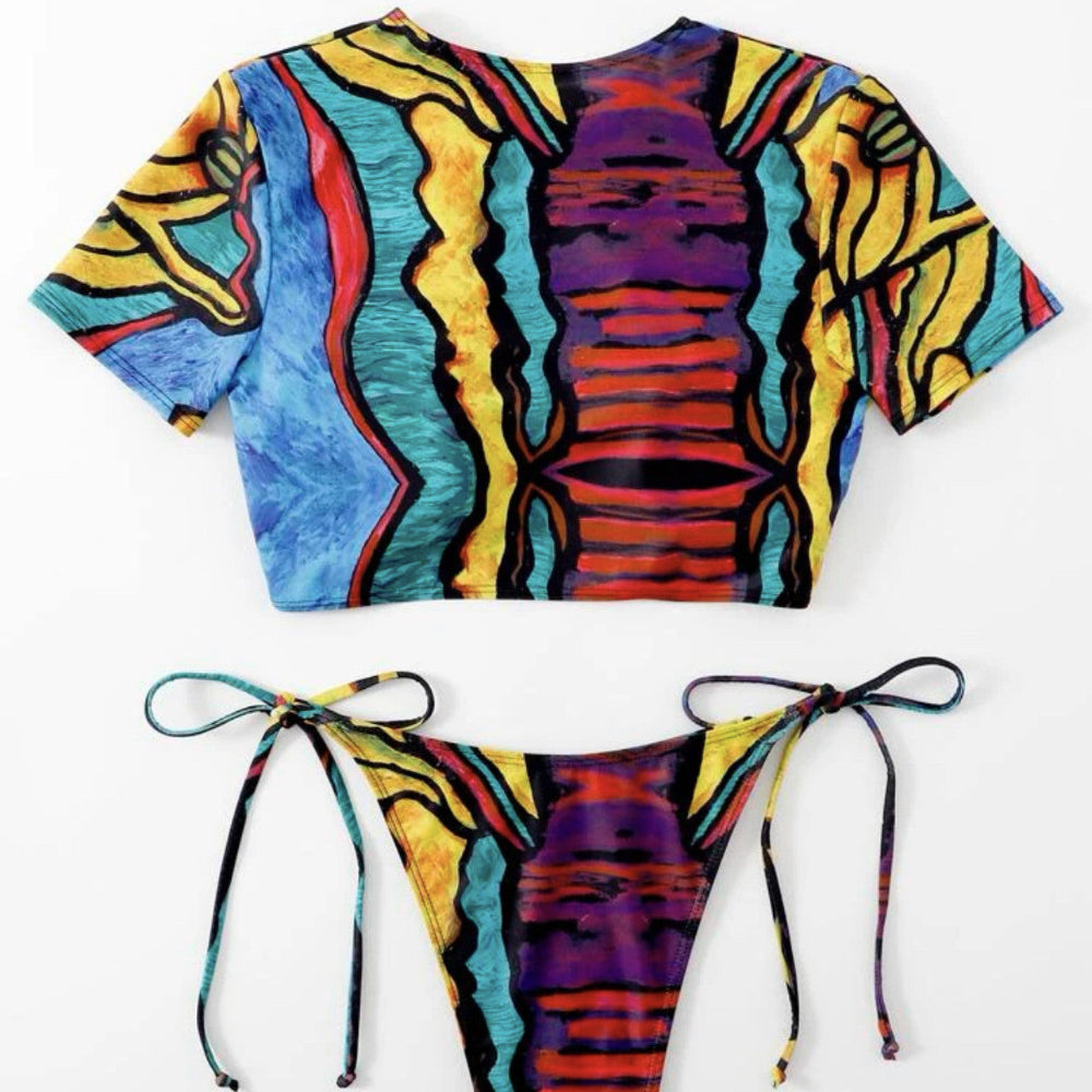 Colorful tie-dye two-piece swimsuit on a white background