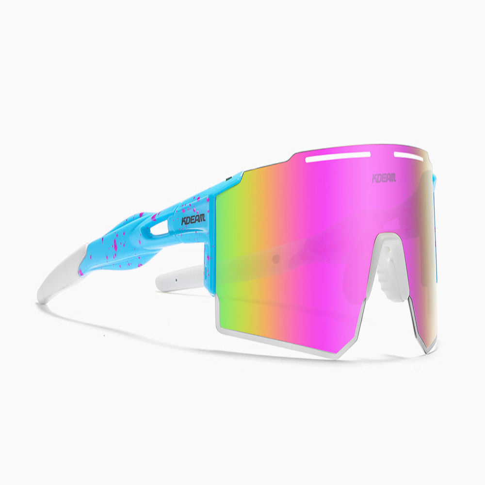 Light blue pink speckled sport sunglasses with pink-yellow-green iridescent mirrored shield lens