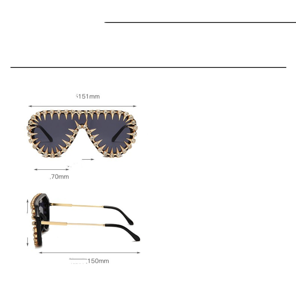 Gold spike sunglasses technical diagram with dimensions (151mm wide) – trendy statement designer sunnies, product specs on white background.