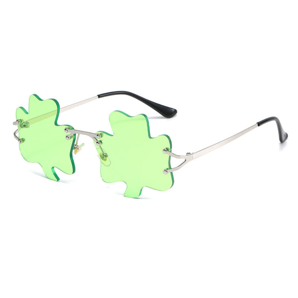 Rimless light-green shamrock sunglasses with silver temples, product photo on a white background.