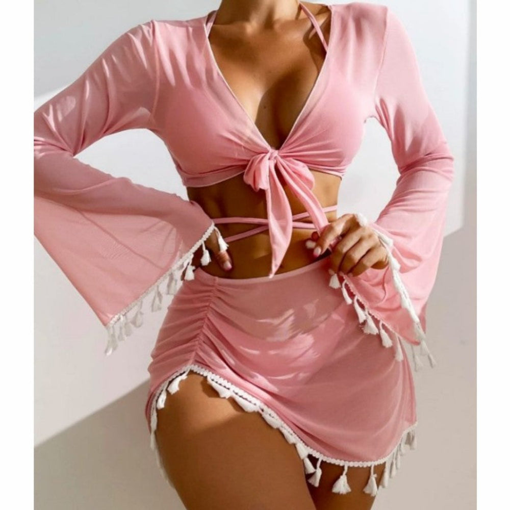 Pink long sleeve tie-front crop top and ruched tassel mini skirt matching beach set.