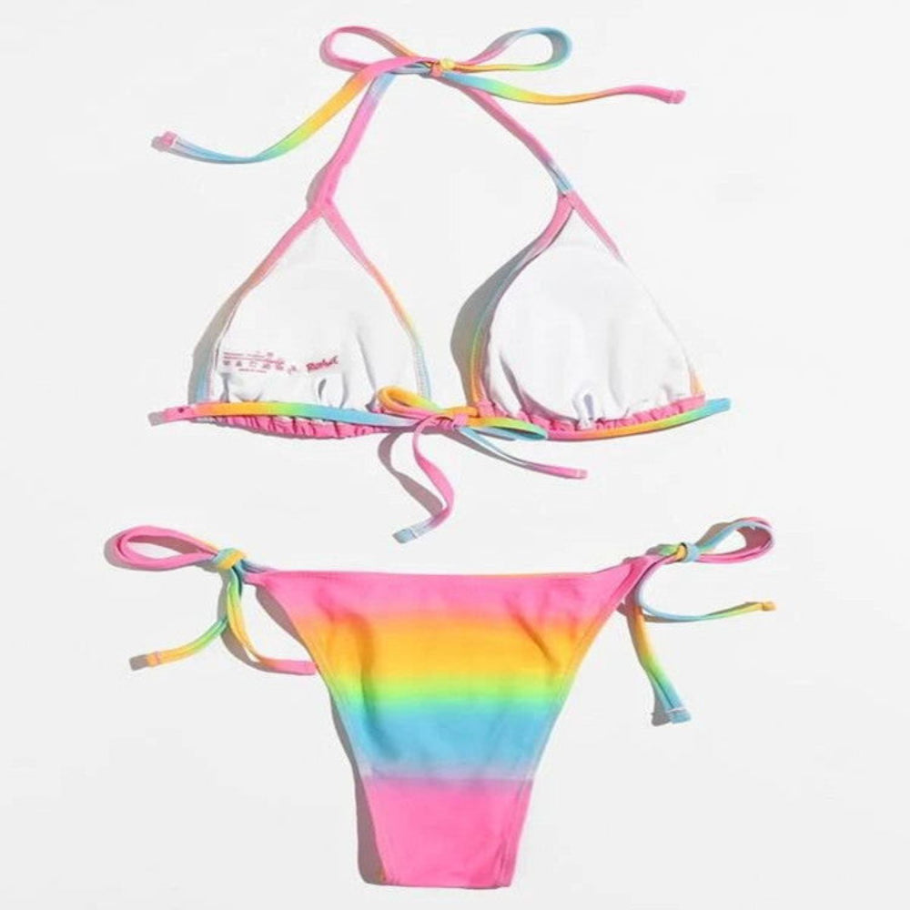 Rainbow ombre two-piece bikini set with triangle halter top and tie-side bikini bottom.