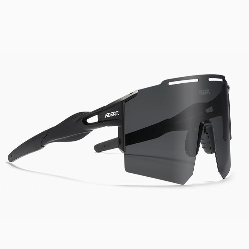 Black sunglasses with a brand logo on a white background