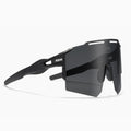 Black sunglasses with a brand logo on a white background