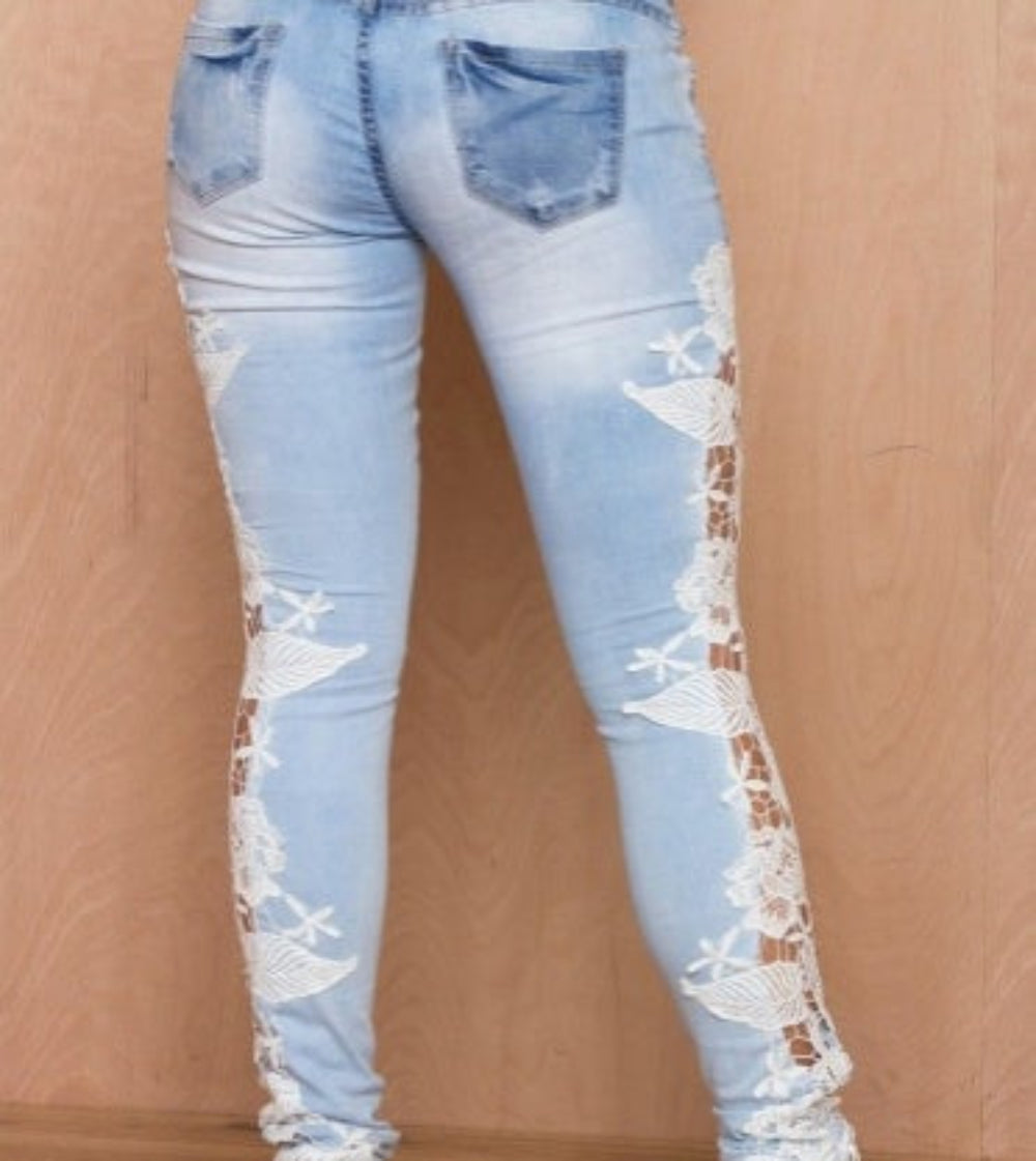 Floral Lace Side Denim Pop Jeans
