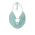 Light mint green halter crop top with draped cowl neckline, tie-back halter straps, and front tie detail.