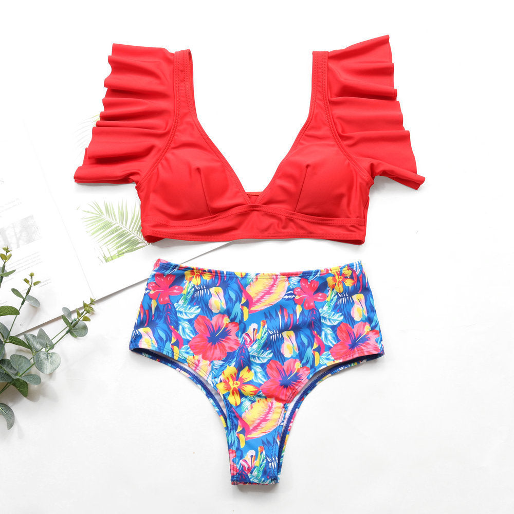 Floral High-Waisted Bikini Set for Women – Ruffle Sleeve Swimsuit in Vibrant Colors