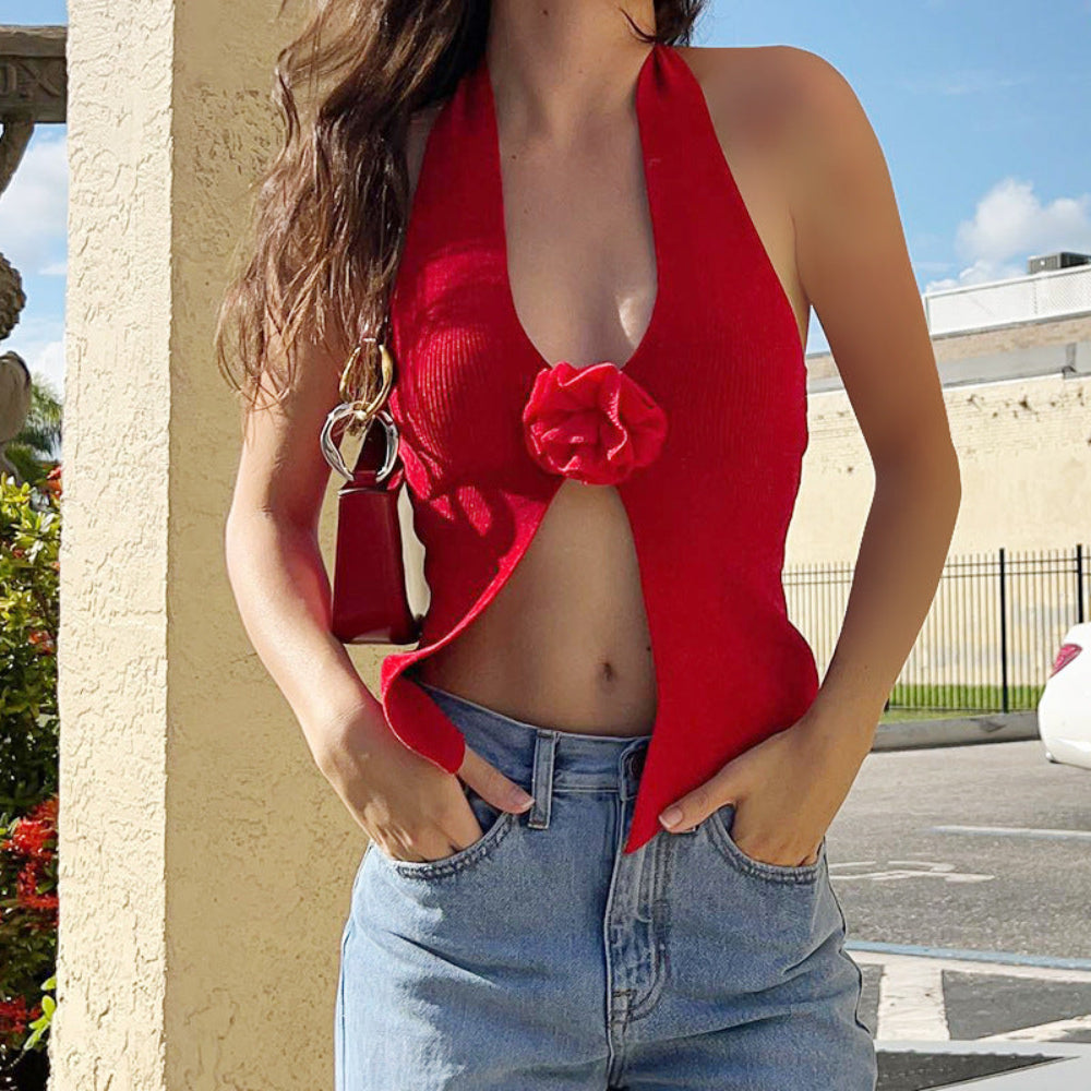 Red Halter Crop Top with Flower Detail - Deep V-Neck Rosette Ribbed Knit Crop Top for Women