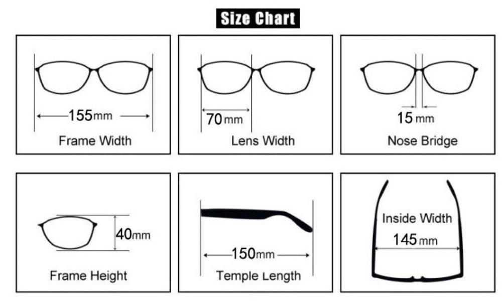 Sunglasses size chart: frame width 155 mm, lens width 70 mm, nose bridge 15 mm, frame height 40 mm, temple length 150 mm, inside width 145 mm.