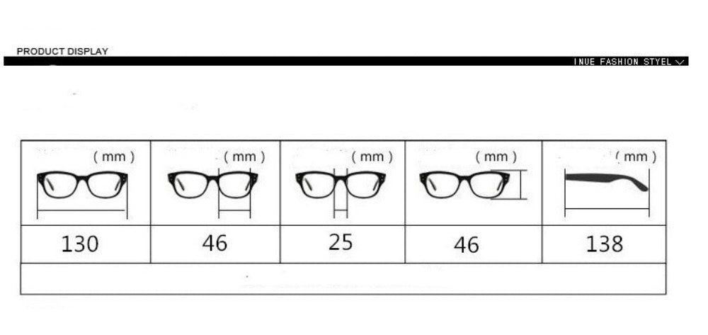 Sunglasses size chart in millimeters: frame width 130, lens width 46, bridge 25, lens height 46, temple length 138.