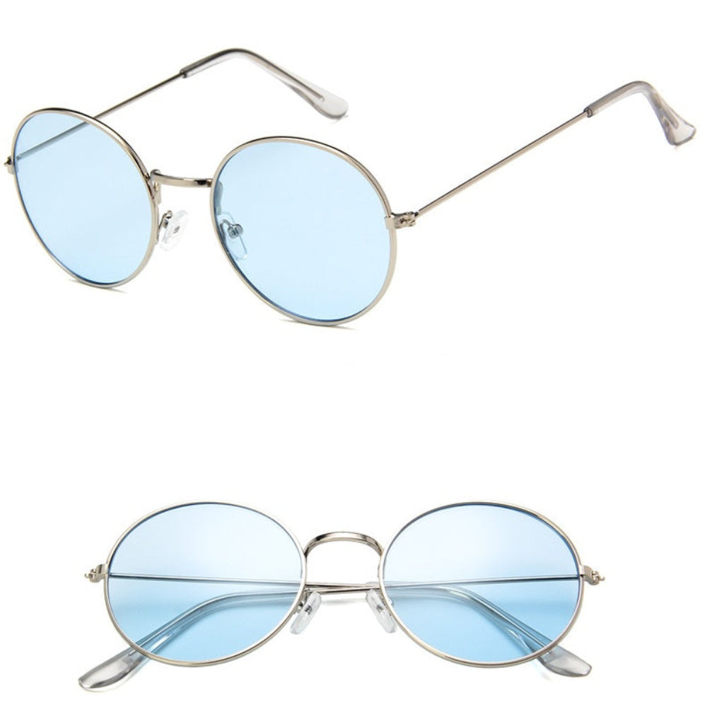 Stylish silver metal round sunglasses featuring soft light blue tinted lenses, shown from multiple angles