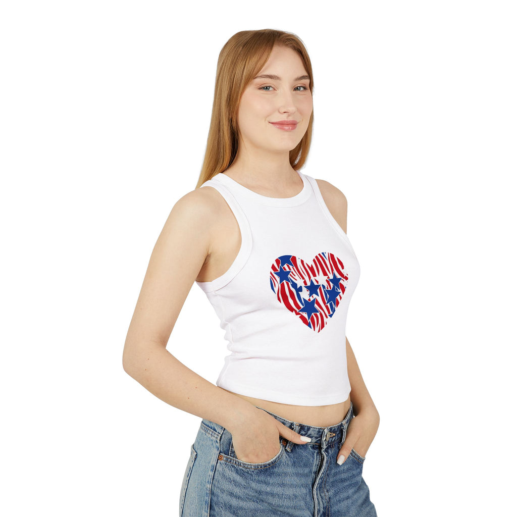 Women's Patriotic Zebra Print Crop Top, 4th of July Stars Micro Rib Tank