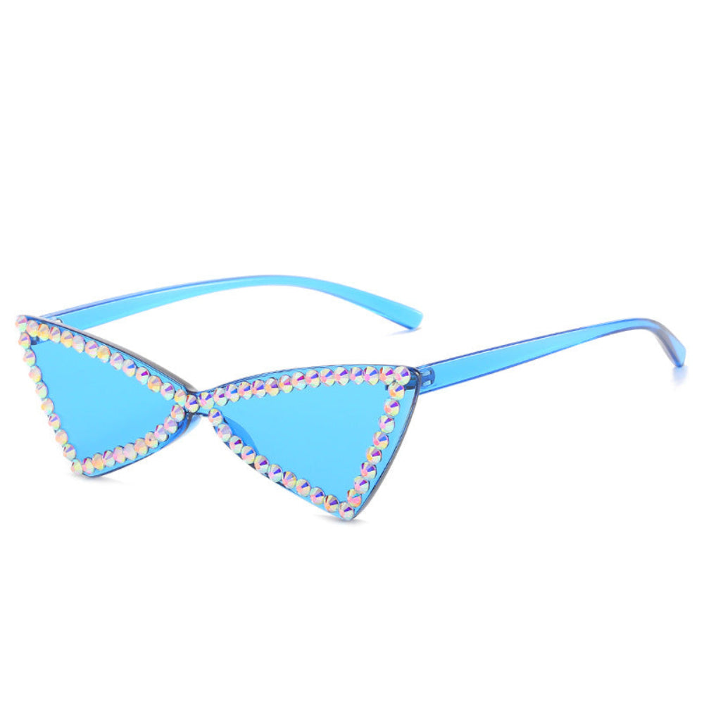 Blue triangle sunglasses with iridescent rhinestone frames, product photo on a white background.