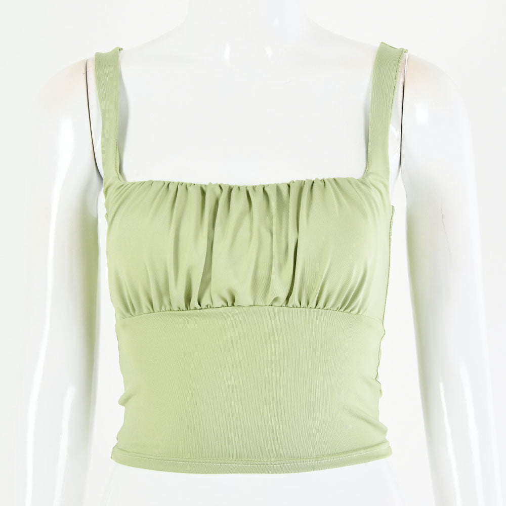 Sage Green Ruched Crop Top - Square Neck Spaghetti Strap Sleeveless Fitted Crop Top for Women