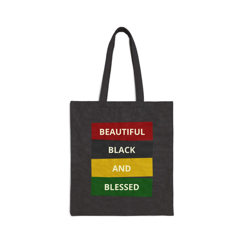 Black canvas tote bag with "BEAUTIFUL BLACK AND BLESSED" graphic.