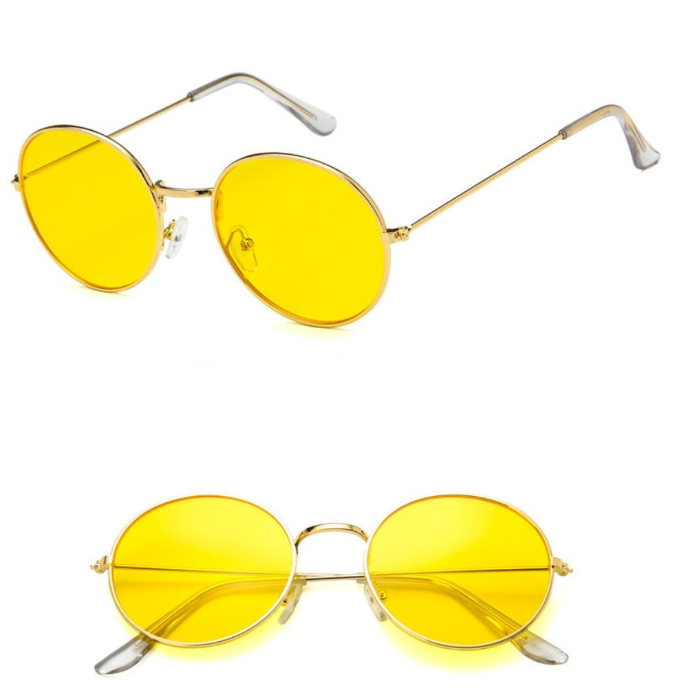 Stylish gold metal round sunglasses featuring vibrant yellow tinted lenses, shown from multiple angles