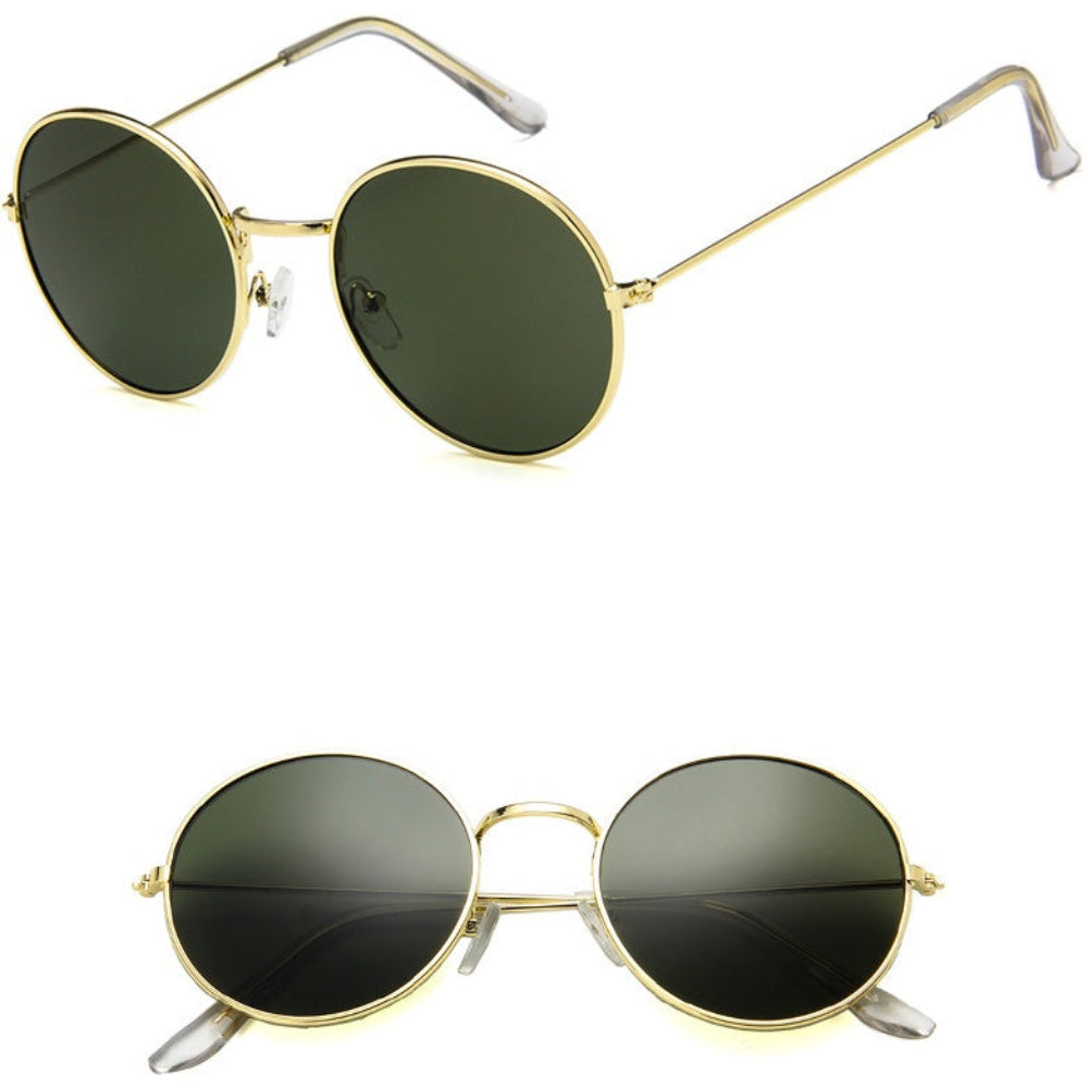 Stylish gold metal round sunglasses featuring dark green tinted lenses, shown from multiple angles
