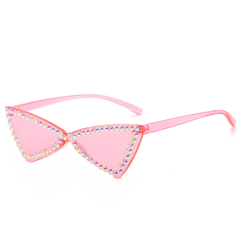 Pink triangle sunglasses with iridescent rhinestone frames, product photo on a white background.
