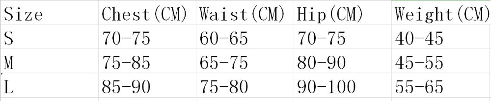 Swimwear size chart with Chest, Waist, Hip and Weight measurements for sizes S, M, L.