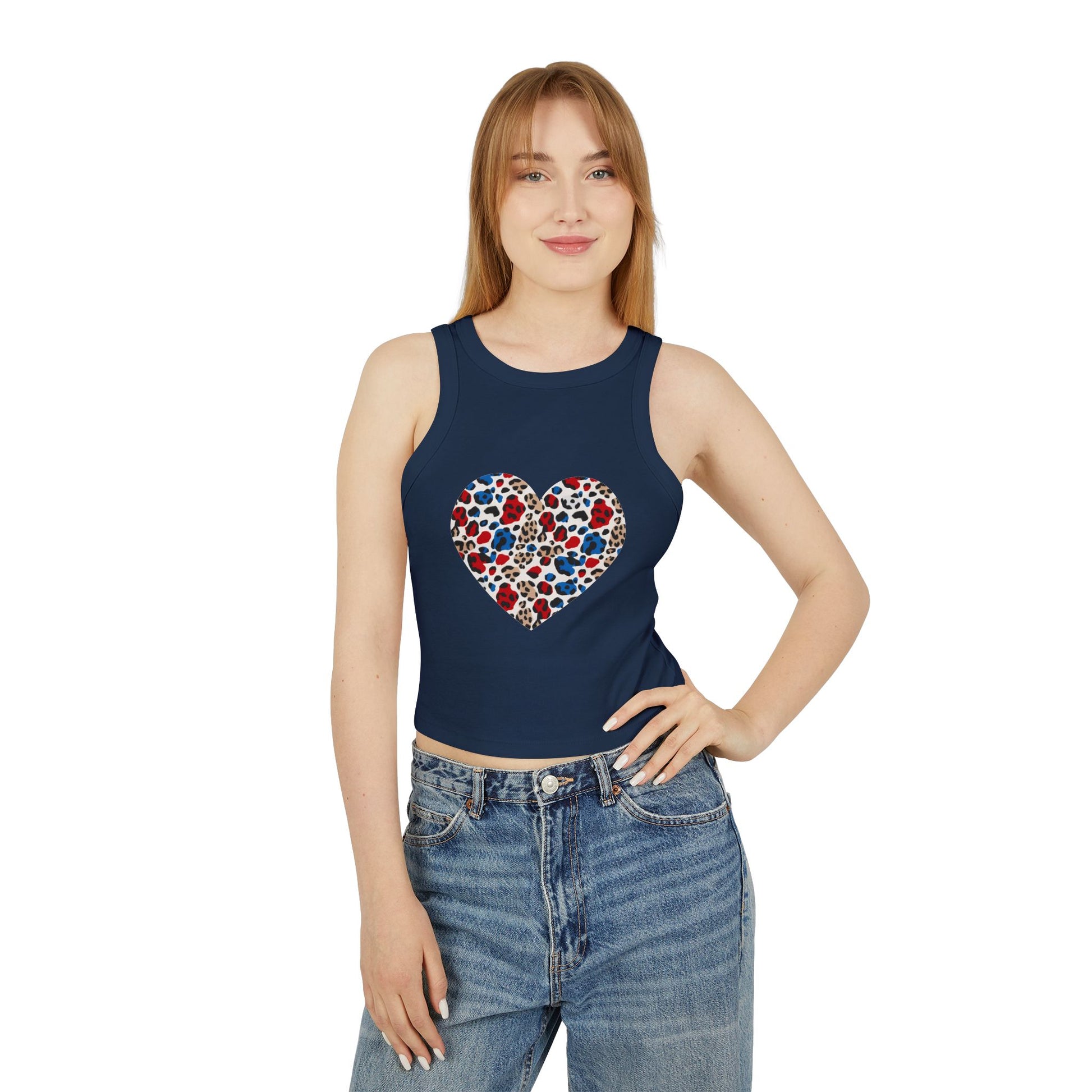 4th of July Leopard Heart Women's Micro Rib Crop Tank Top