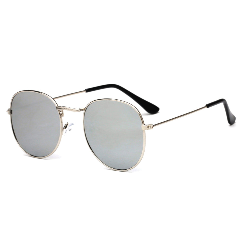 Stylish silver metal round sunglasses featuring reflective silver mirrored lenses and sleek black temple arms