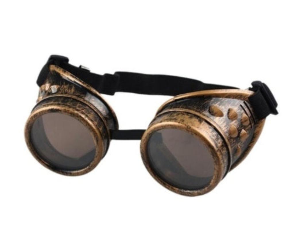 Antique bronze steampunk welding goggles with dark round lenses and a black elastic strap, product photo on a white background.