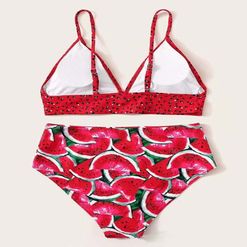 Watermelon-patterned two-piece swimsuit on a beige background