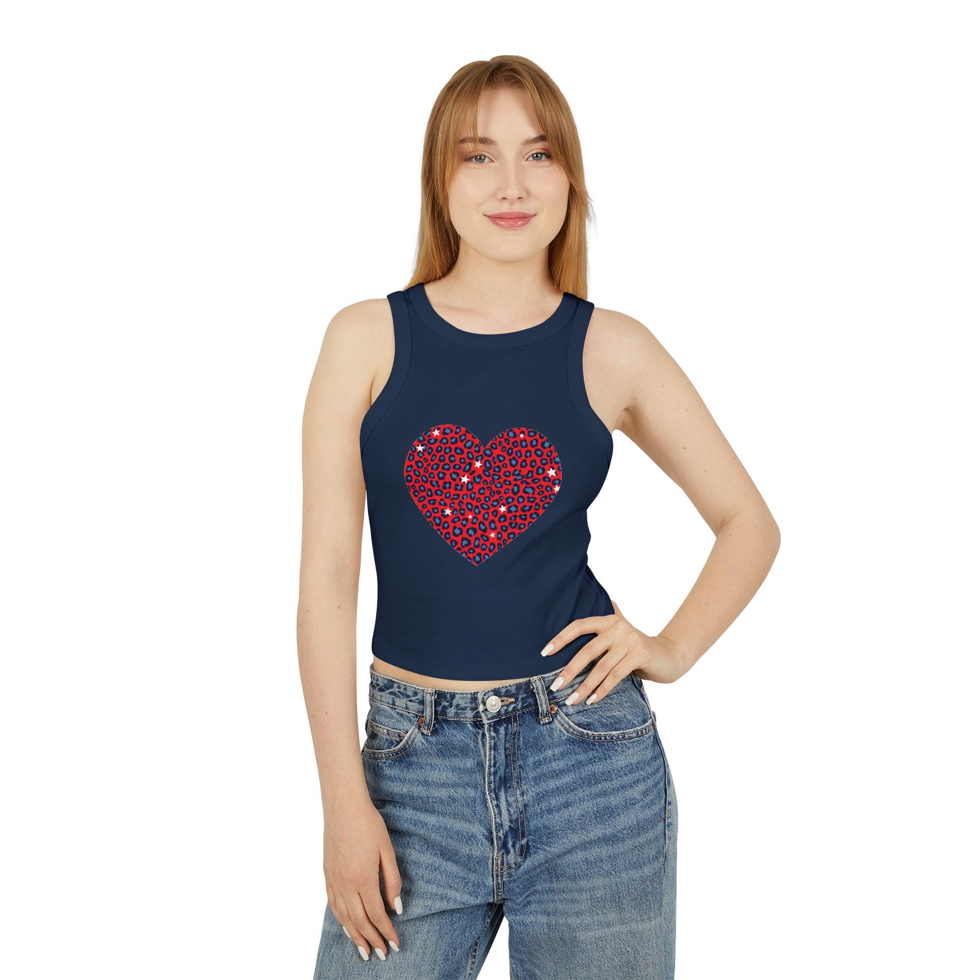 4th of July Red Heart Cheetah Print Women's Micro Rib Racer Tank Top