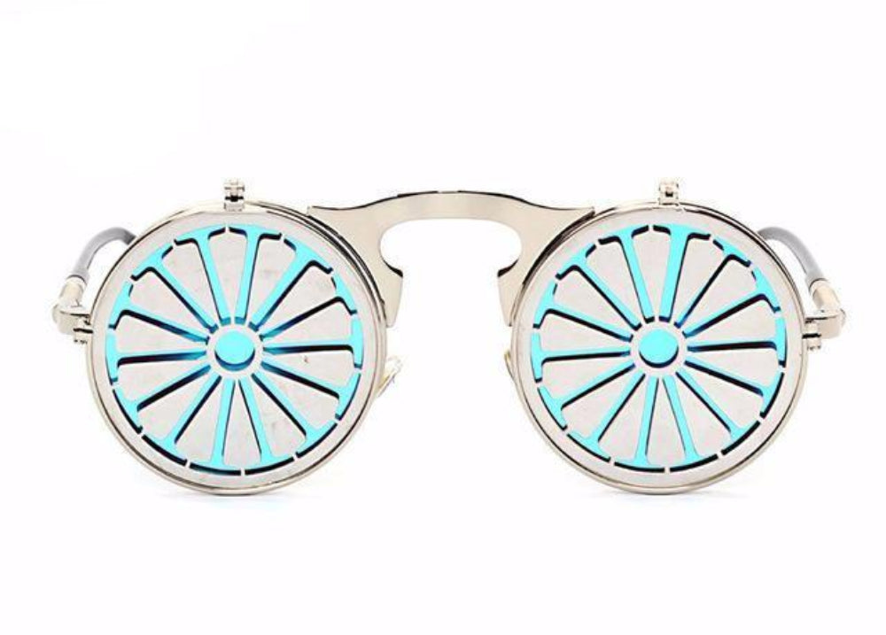 Silver flip-up steampunk sunglasses with fan-blade covers over light blue lenses, front product photo on a white background.