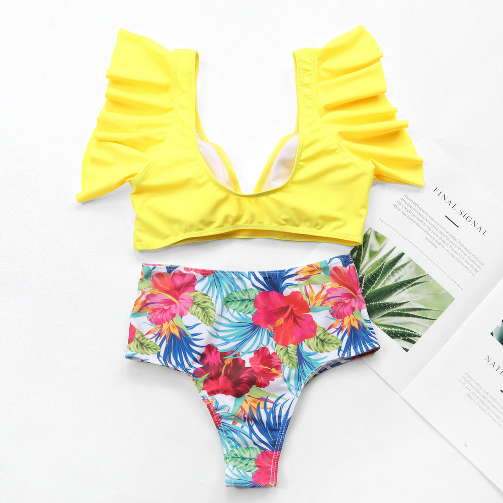 Floral High-Waisted Bikini Set for Women – Ruffle Sleeve Swimsuit in Vibrant Colors