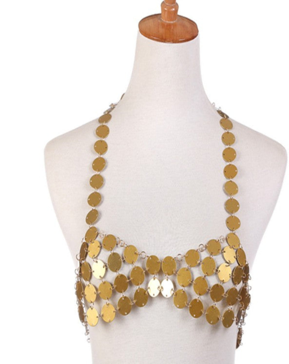 Gold coin disc halter top with multi-row dangling sequin design, displayed on a mannequin.