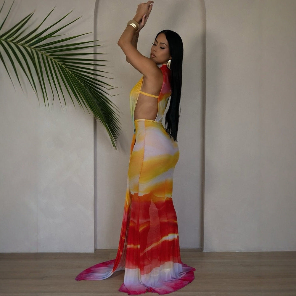 "Woman with long dark hair wearing a colorful sleeveless tie-dye maxi dress in yellow, orange, pink, and red featuring a halter neck, front cut-out, and dramatic high slit with train, posing with one arm raised next to a large palm leaf in a bright minimalist indoor setting."