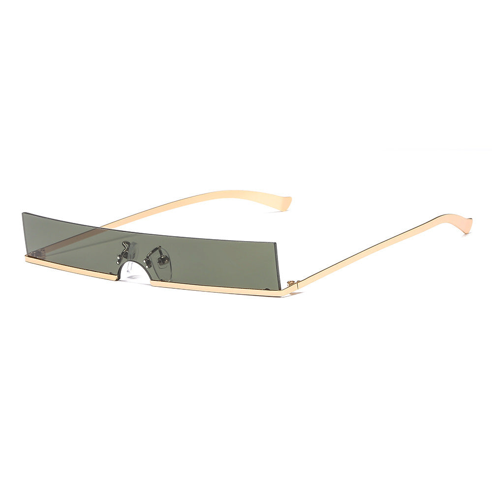 Rimless rectangular sunglasses with olive-gray lenses and gold temples, product photo on a white background.