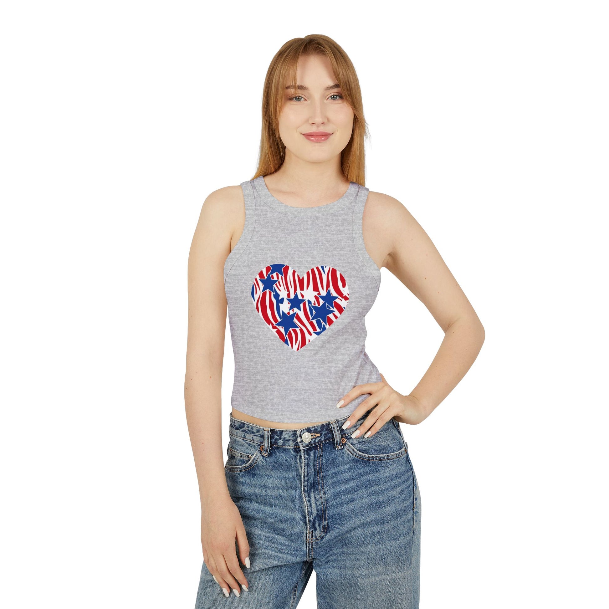 Women's Patriotic Zebra Print Crop Top, 4th of July Stars Micro Rib Tank