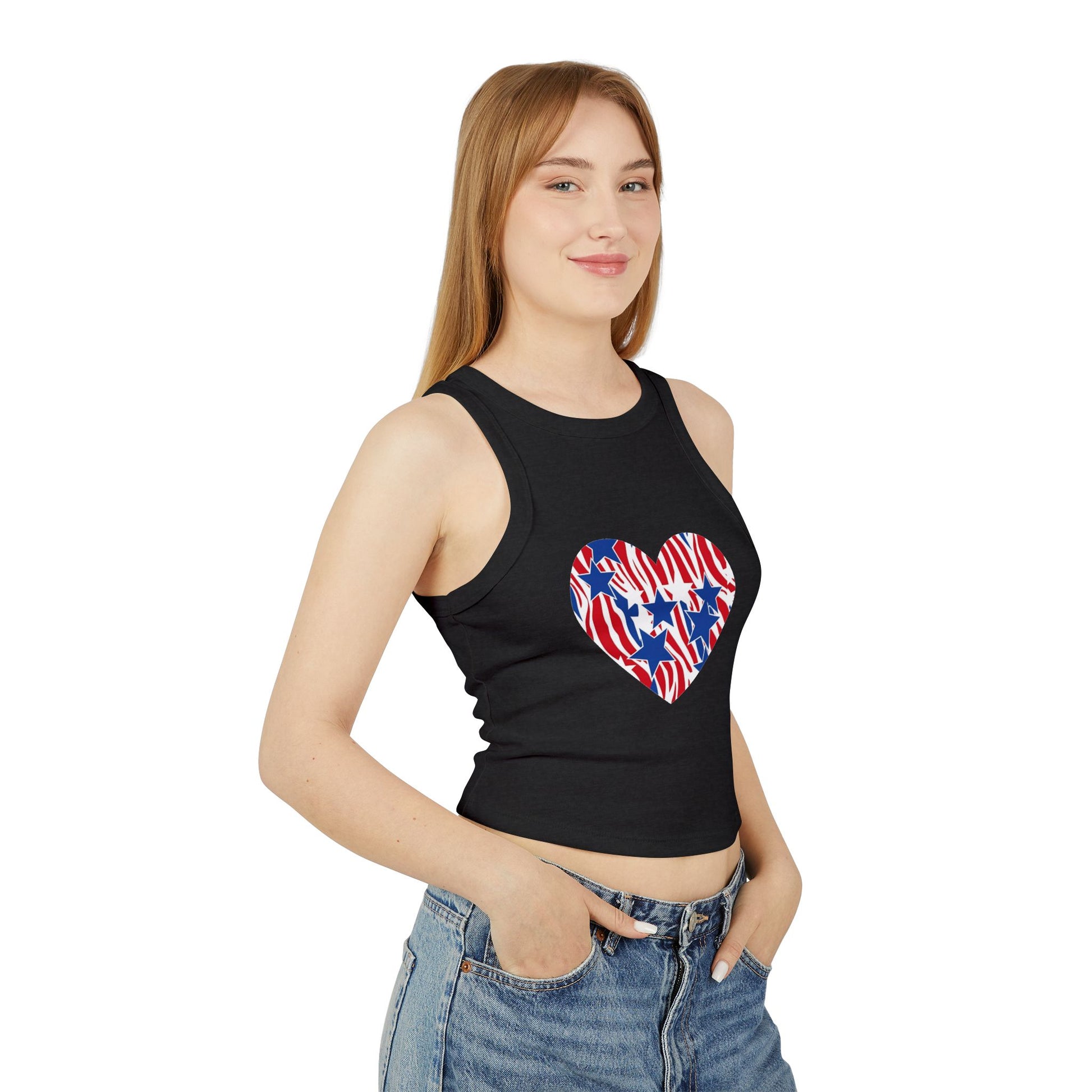 Women's Patriotic Zebra Print Crop Top, 4th of July Stars Micro Rib Tank