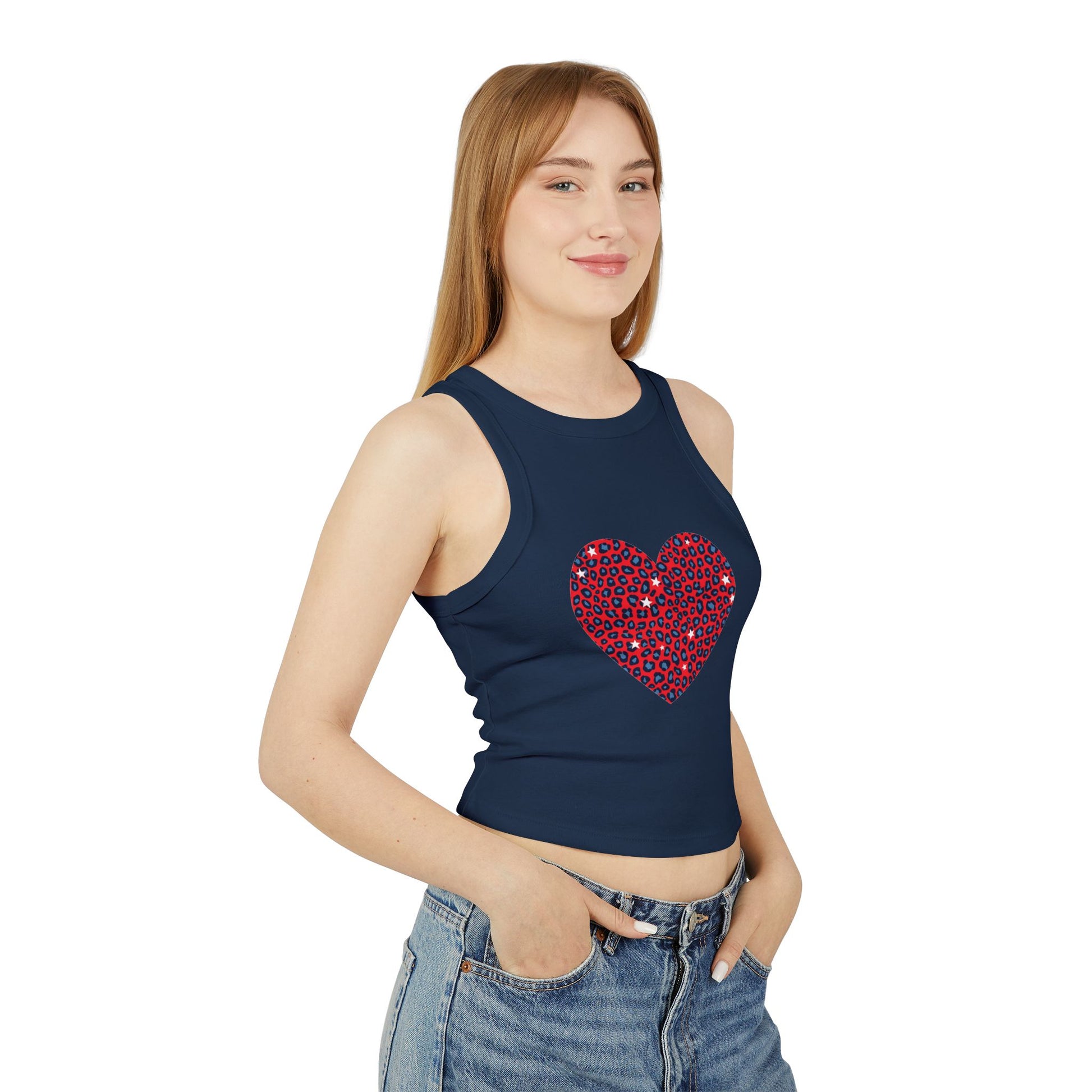 4th of July Red Heart Cheetah Print Women's Micro Rib Racer Tank Top