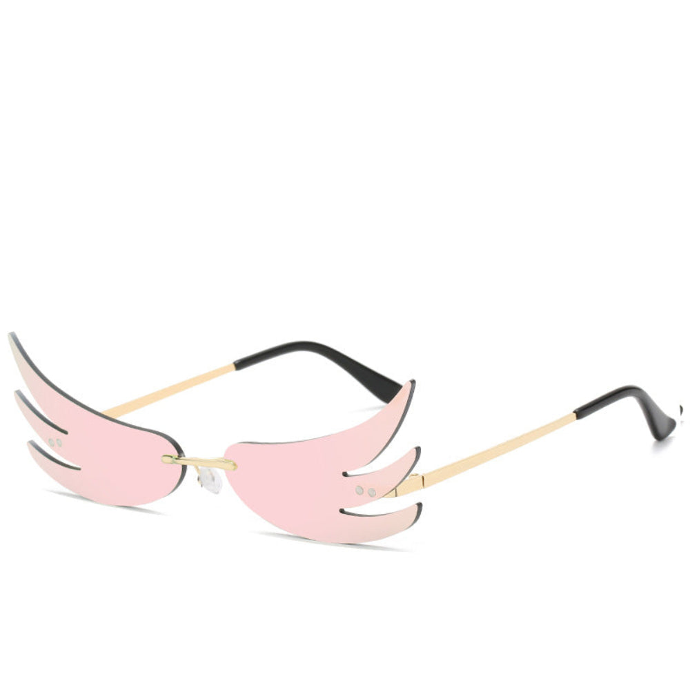 Rimless light-pink wing-shaped sunglasses with gold temples, product photo on a white background.