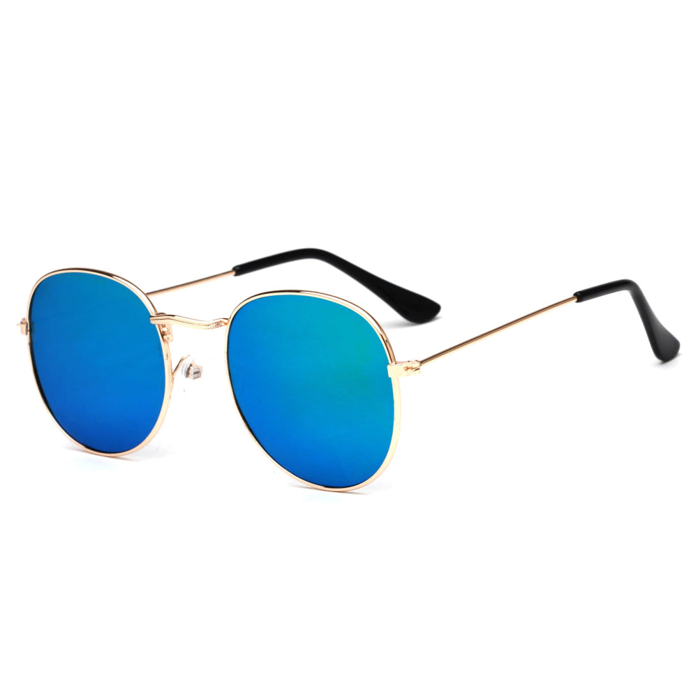 Stylish gold metal round sunglasses featuring vibrant blue mirrored reflective lenses and sleek black temple arms
