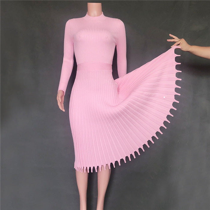 Elegant Pink Pleated Dress – Soft Cotton Long-Sleeve Midi