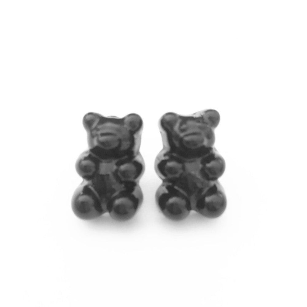 Solid black glossy gummy bear stud earrings, cute opaque candy bear design with earring posts
