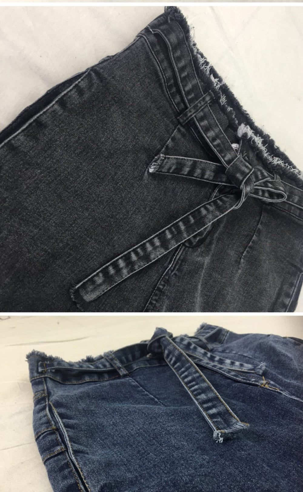 Close-up details of dark grey and blue high-waisted denim bottoms with frayed raw hems and self-tie waist belts, laid flat on a white surface. Product photography highlighting design features for Boutique Jolie.