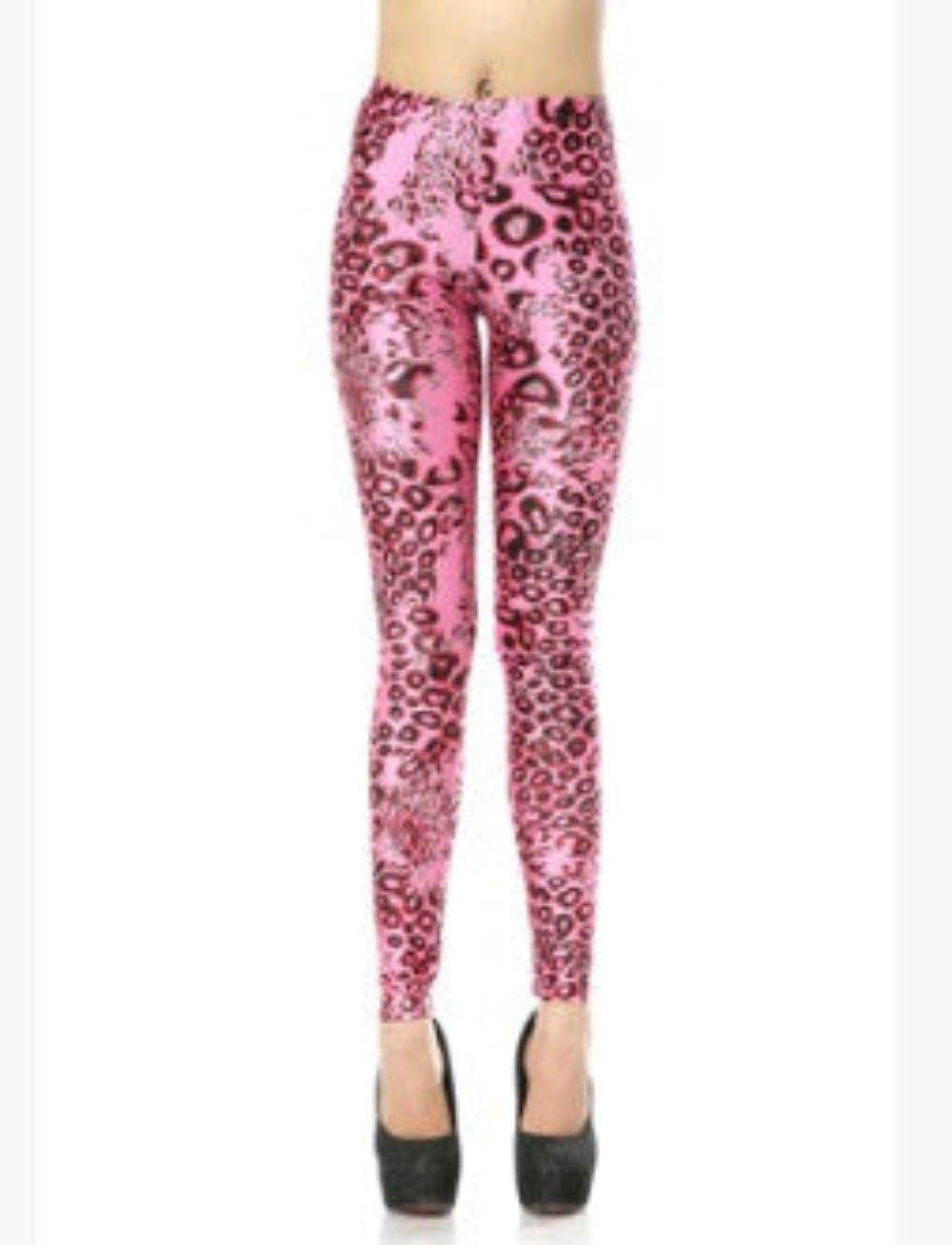 Woman modeling pink leopard print high-waisted leggings, shown from the back wearing black high heels against a clean white studio background.