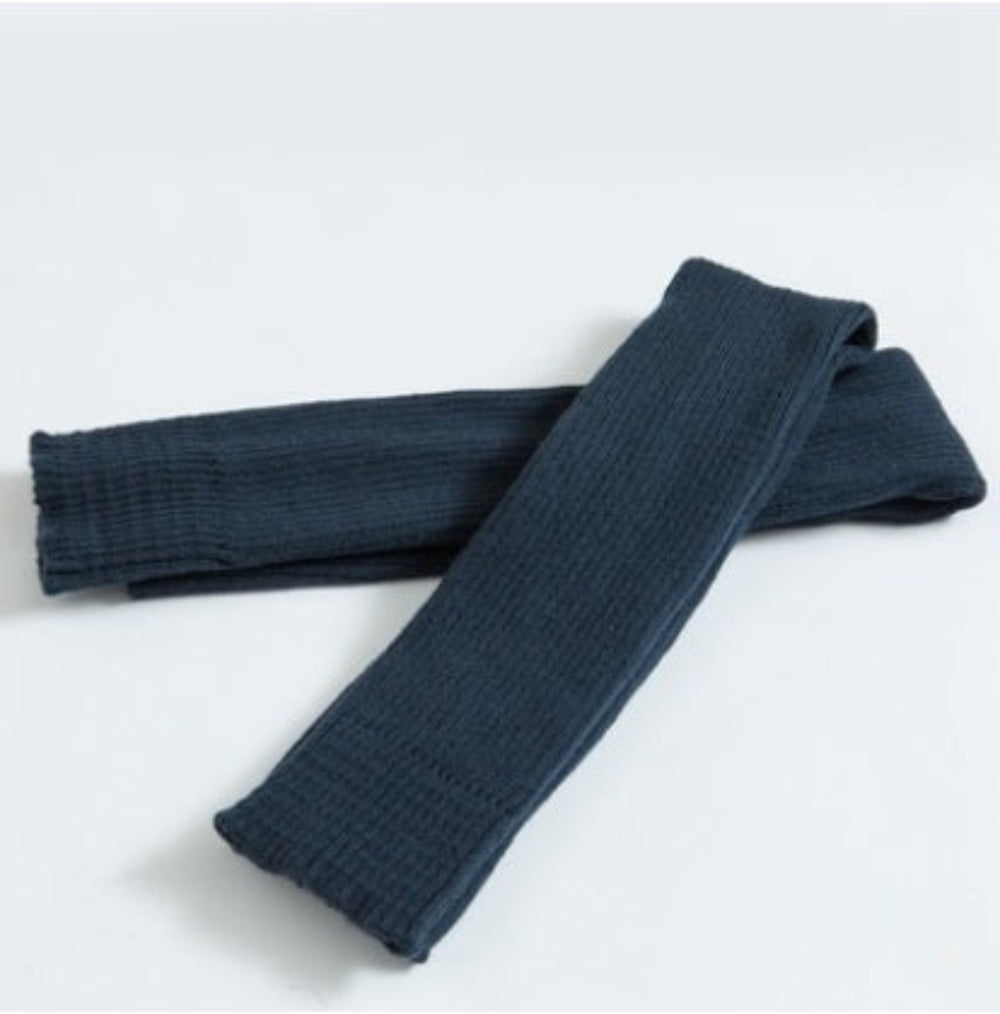 Navy ribbed knit leg warmers, product photo on a white background.