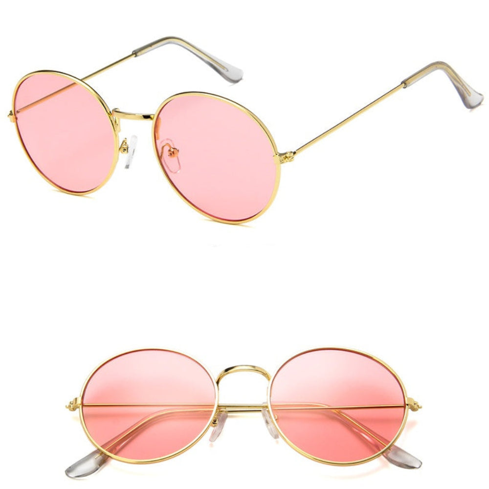 Stylish gold metal round sunglasses featuring vibrant pink tinted lenses, shown from multiple angles