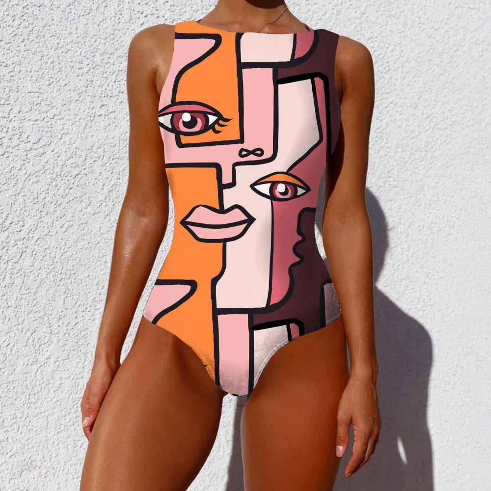 One-piece swimsuit with abstract face design on a textured white background