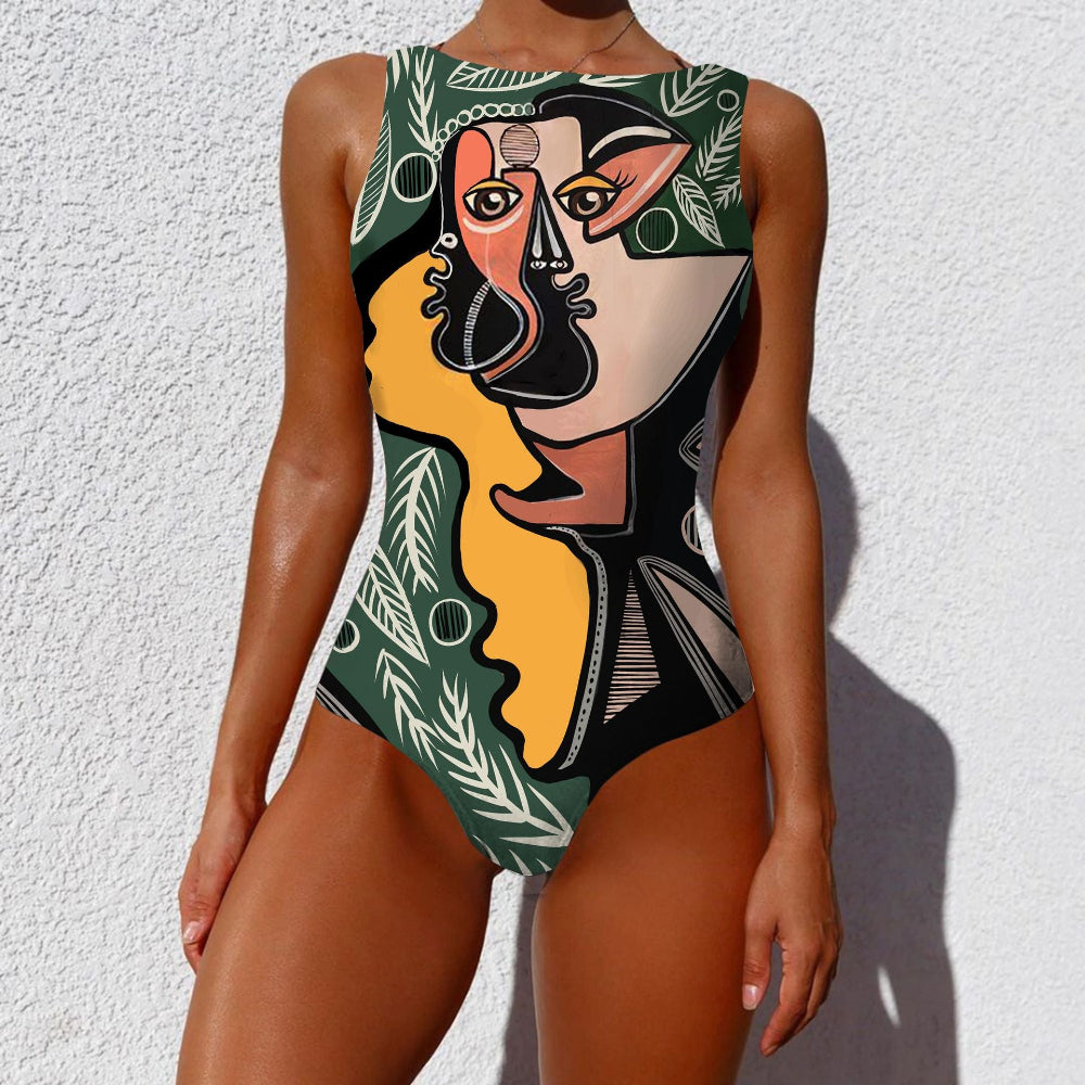 One-piece swimsuit with abstract face design on a white background
